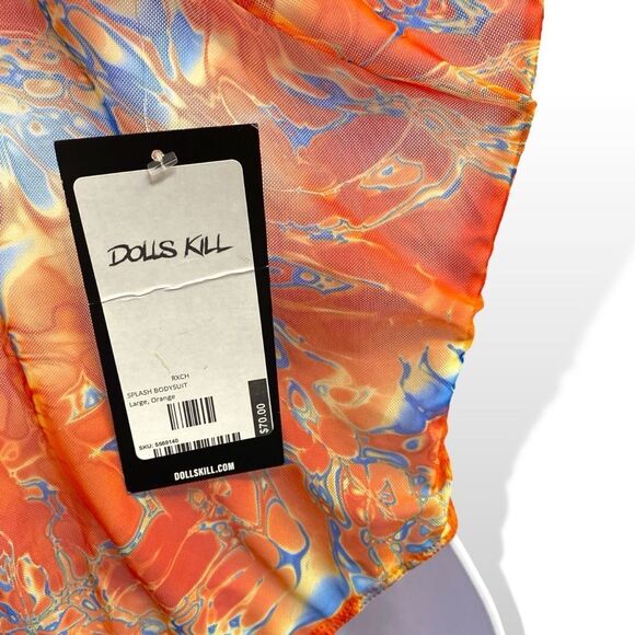Dolls Kill X Rxch Orange Splash Mesh Thong Hyperpigmented One Shoulder Bodysuit - Picture 2 of 5